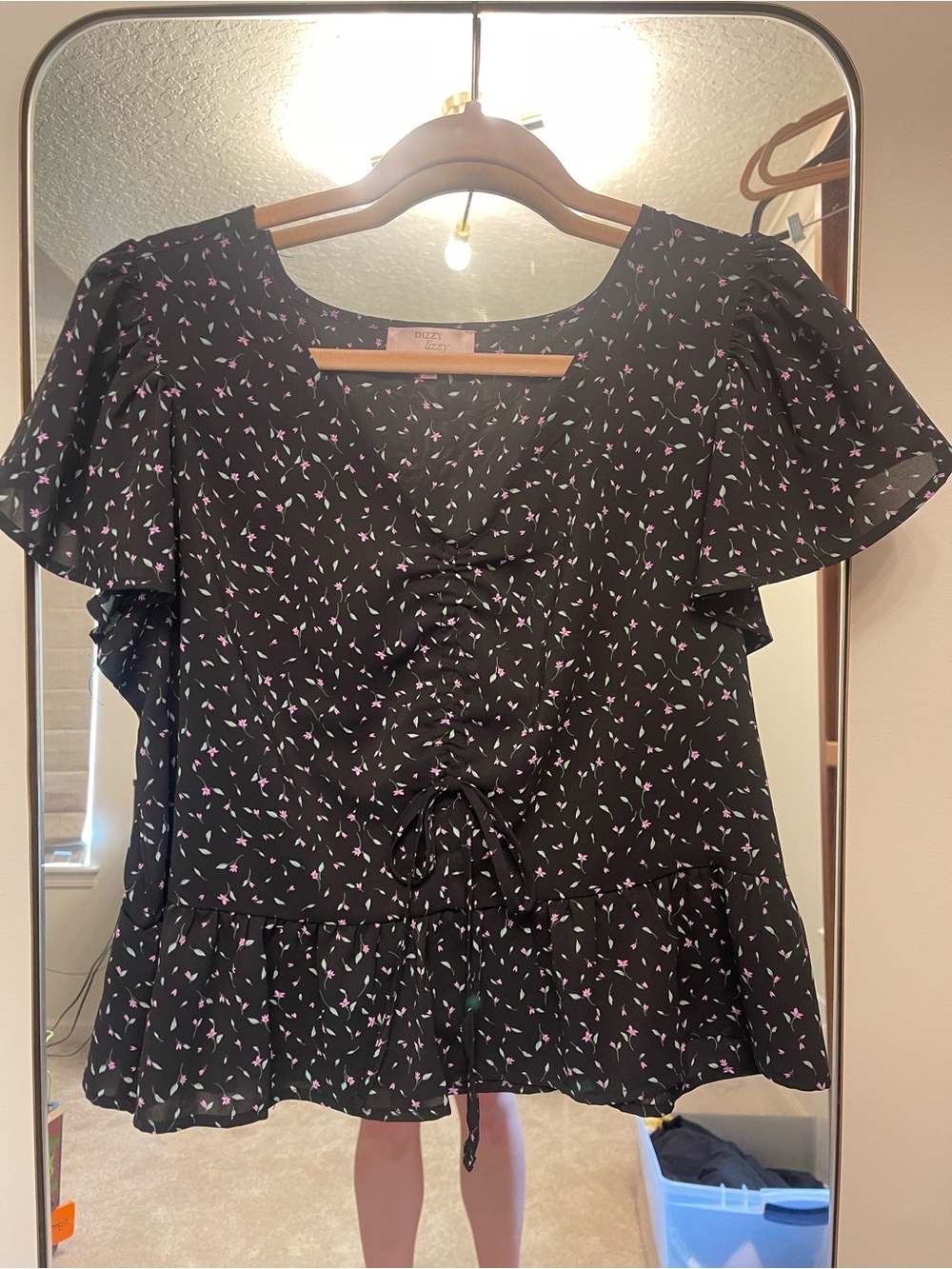 Black Floral Tie-Front Peplum Top
